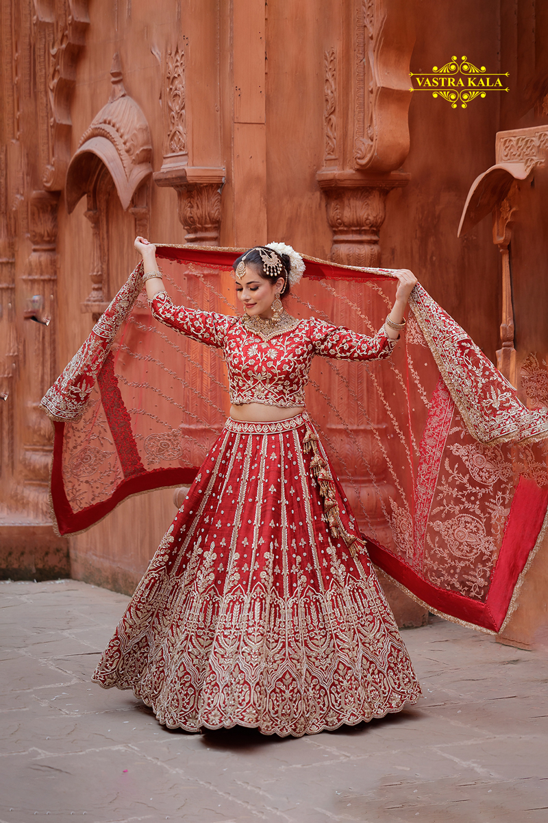 strapless open back dress Red Embroidered Net Lehenga Choli