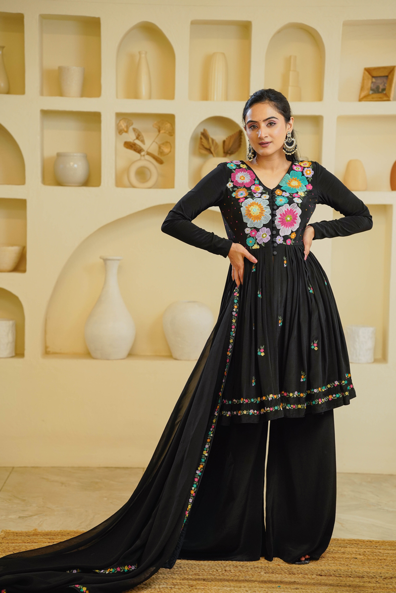 black dress with long chiffon sleeves Black Floral Chiffon Corset Mini Dress