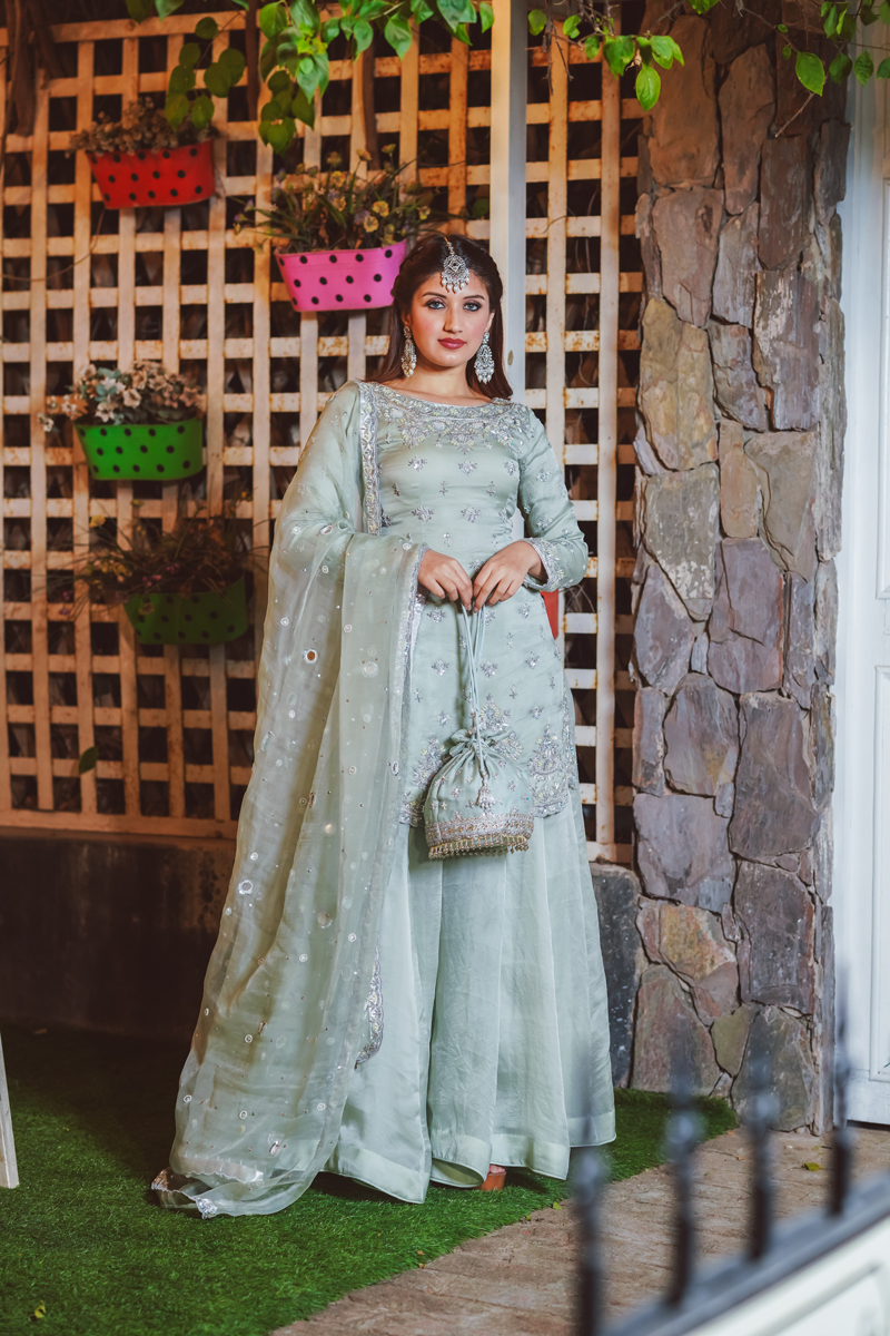 Pistachio Green Kaliyan Sharara Suit in Silver Embroidery
